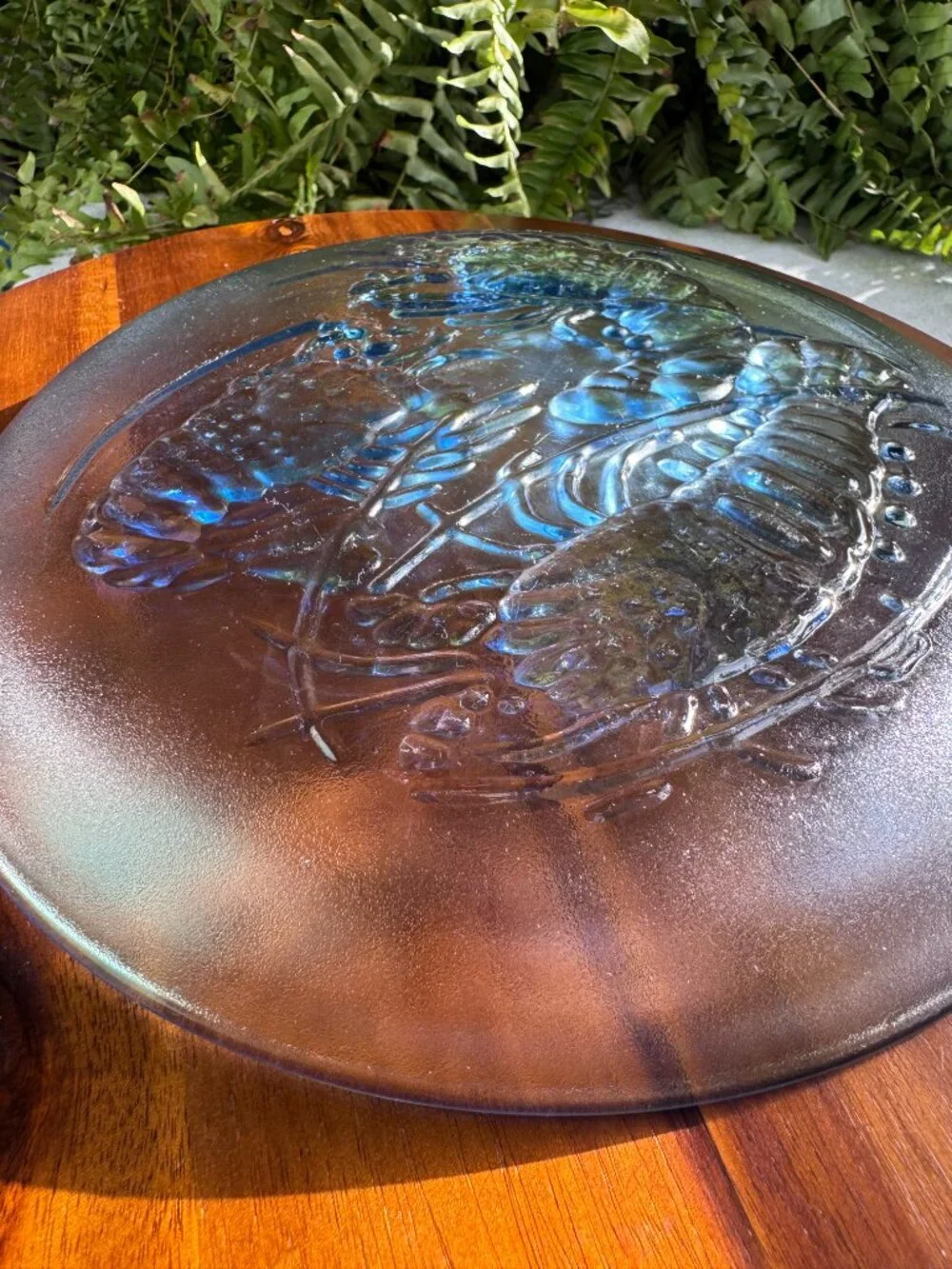 Vintage Pasari Blue Glass Plates with Koi Fish / Lobsters